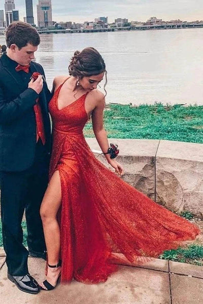 red backless dress prom Sparkly V-neck A-line Long Prom/Formal With Split,MP586 Debutante Ball Gown Taille:3 Customizing this New Arrival Cotton Fabrics