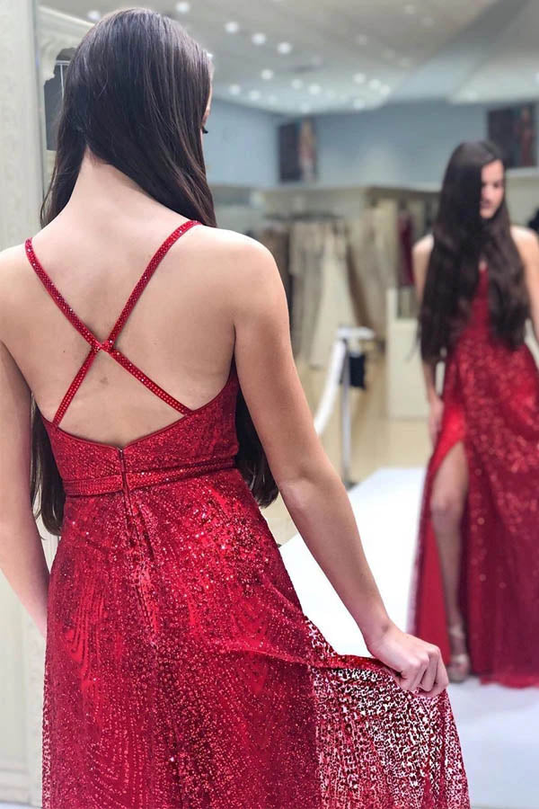 Sparkly V-neck Backless A-line Red Long Prom/Formal Dress With Split,MP586