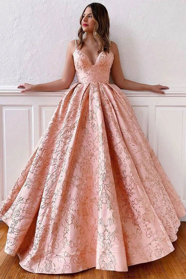 Satin Ball Gown V-neck Straps Cross Back Blush Pink Long Prom Dresses,MP587