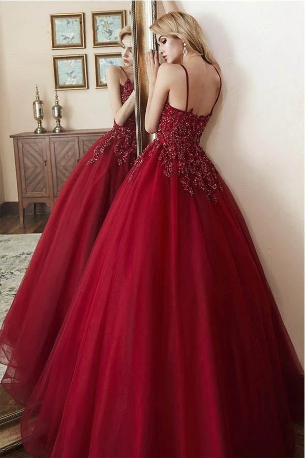 Elegant Tulle Straps Ball Gown Beaded Burgundy Long Prom Dress,MP588
