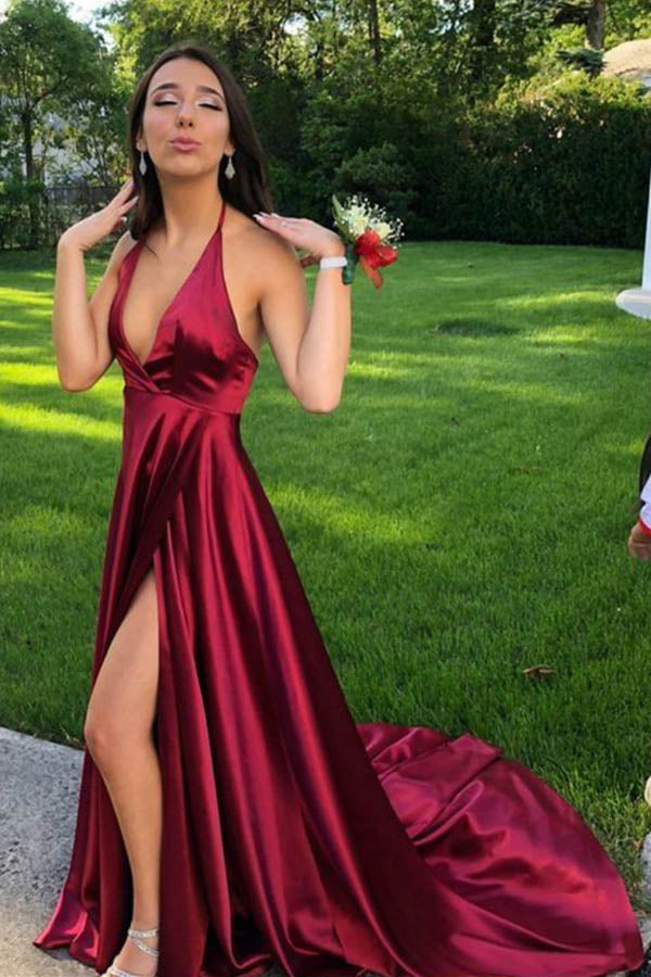 Satin V-neck Red A-Line Spaghetti Straps Sweep Train Prom Dress With Slit,MP591