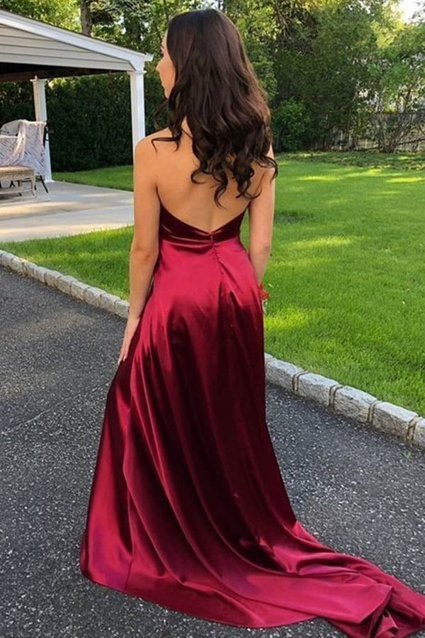 Satin V-neck Red A-Line Spaghetti Straps Sweep Train Prom Dress With Slit,MP591 | musebridals.com