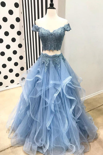 Tulle A-Line Off-the-Shoulder Sky Blue Appliques Floor-length Long Prom Dress,MP594