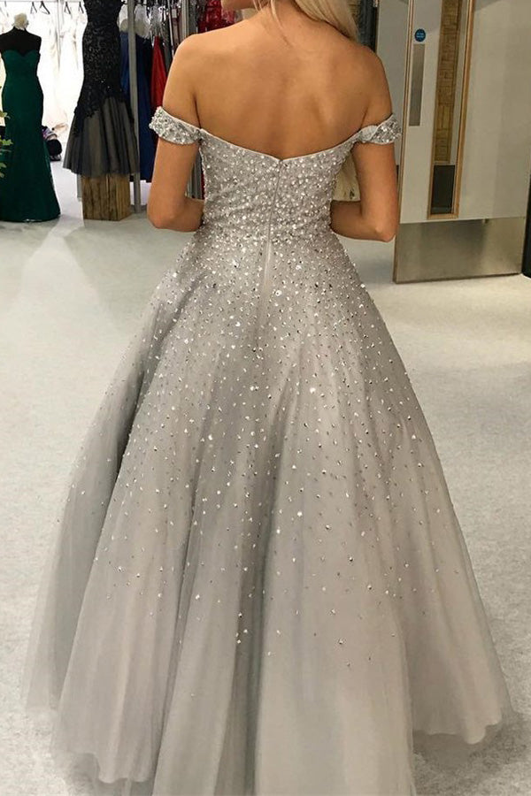 Gorgeous Ball Gown Off the Shoulder Open Back Grey Long Prom Dresses with Beaded,Evening Dresses,MP597 | musebridals.com