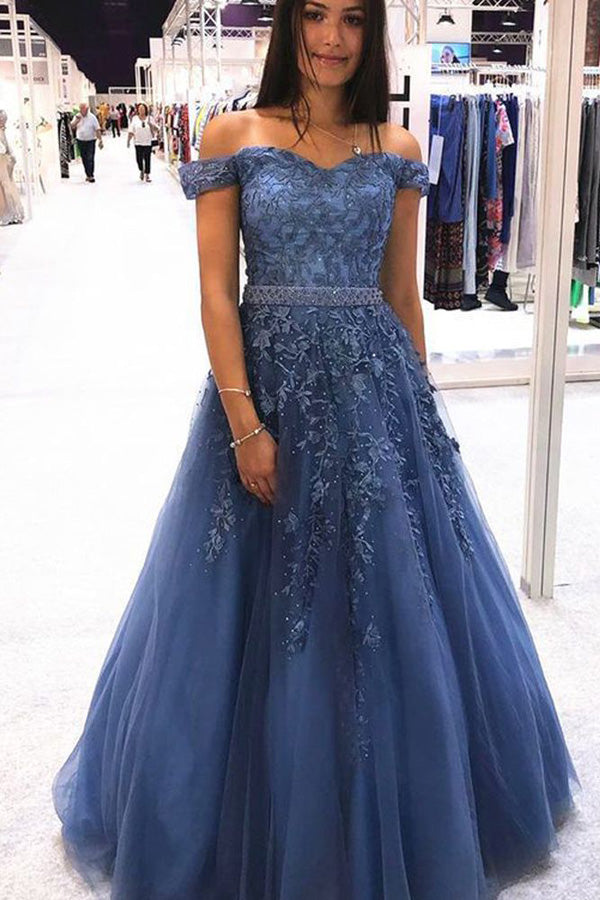 Charming Ball Gown Off the Shoulder Lace Tulle Long Prom Dresses with Beaded,MP599