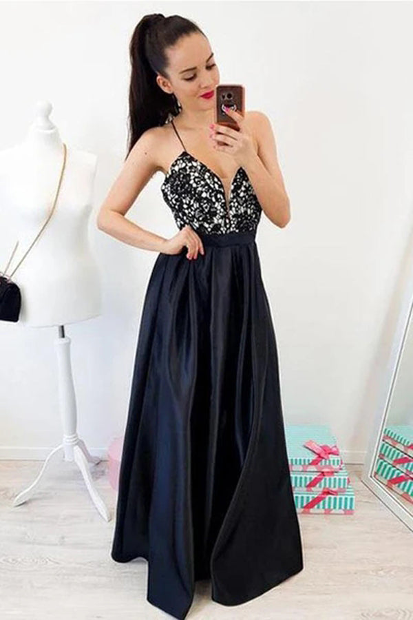 Cute V-neck Spaghetti Straps Cross Back Black Long Prom Dresses with Lace,Party Dresses,MP602