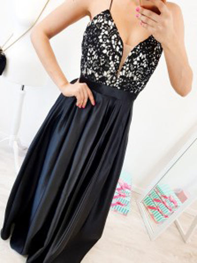 Cute V-neck Spaghetti Straps Cross Back Black Long Prom Dresses with Lace,Party Dresses,MP602 | musebridals.com