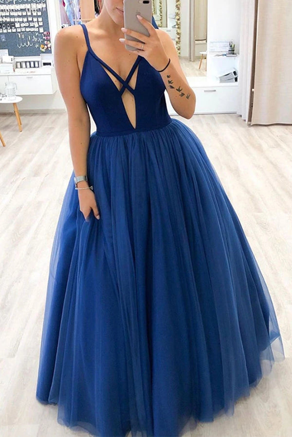 Charming Ball Gown Deep V-neck Royal Blue Long Prom Dresses with Straps,MP603