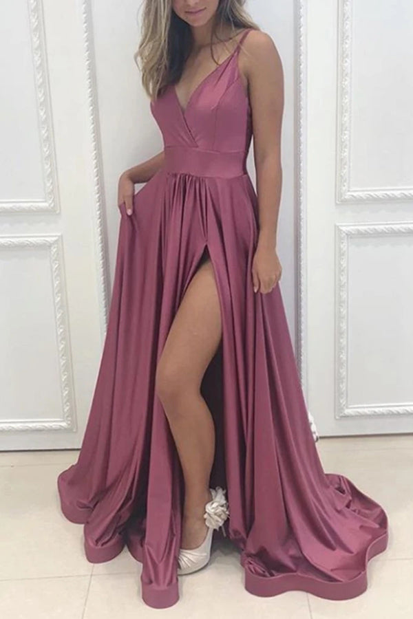 Fashion A-line V-neck Rose Satin Long Prom Dresses with Slit,Evening Party Dresses,MP604