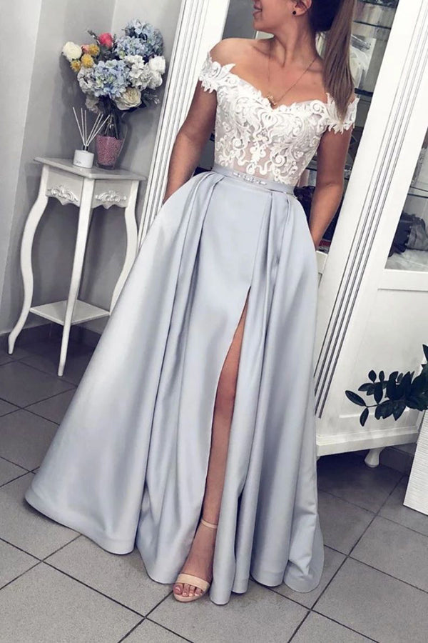 Elegant Ball Gown Off the Shoulder Silver Prom Dresses with Lace,Slit Prom Dresses,MP606