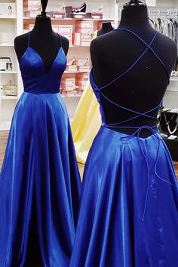 Simple A-line V-neck Spaghetti Straps Cross Back Royal Blue Satin Long Prom Dresses with Pockets,MP610