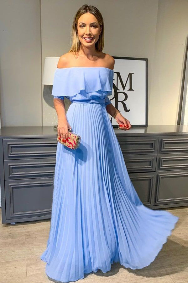Elegant A-line Off the Shoulder Chiffon Long Prom Dresses Blue Formal Dresses,MP613