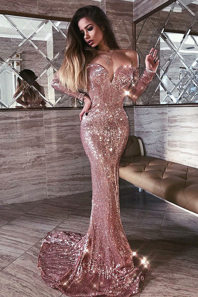 Mermaid Off the Shoulder Long Sleeves Blush Sequins Long Prom Dresses,Simple Evening Dresses,MP615