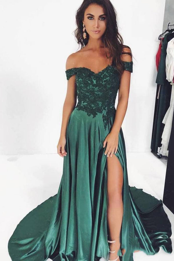 Elegant A-line Off the Shoulder Slit Dark Green Satin Prom Dresses with Appliques Long Party Dresses,MP616