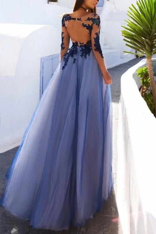 See Through Blue Lace Long Sleeve Open Back Long Evening Prom Dresses,MP617 | musebridals.com