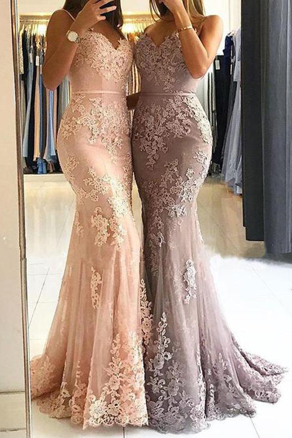 Sweetheart Spaghetti Straps Lace Mermaid Floor Long Evening Prom Dresses,MP618