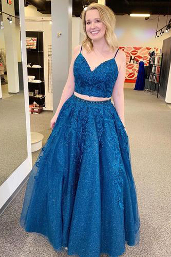 Sparkly Two Pieces Blue Appliqued Evening Dress Spaghetti Straps Prom Dress,MP622