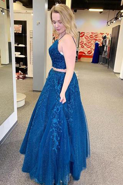 Sparkly Two Pieces Blue Appliqued Evening Dress Spaghetti Straps Prom Dress,MP622 | musebridals.com