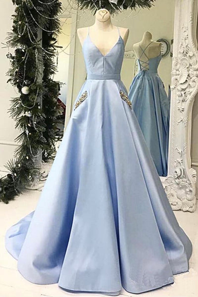 Simple V-neck Sky Blue A-line Satin Long Prom Dresses with Pocket,MP624