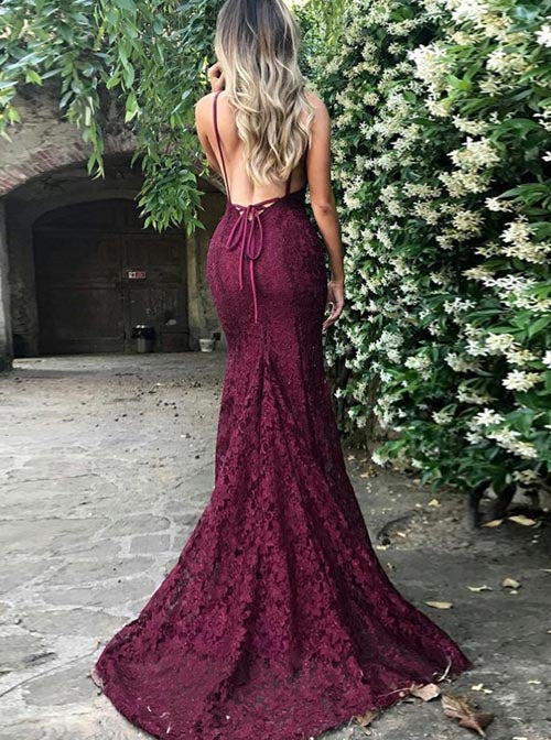 Lace Burgundy Spaghetti Straps V neck Mermaid Prom Dresses Train