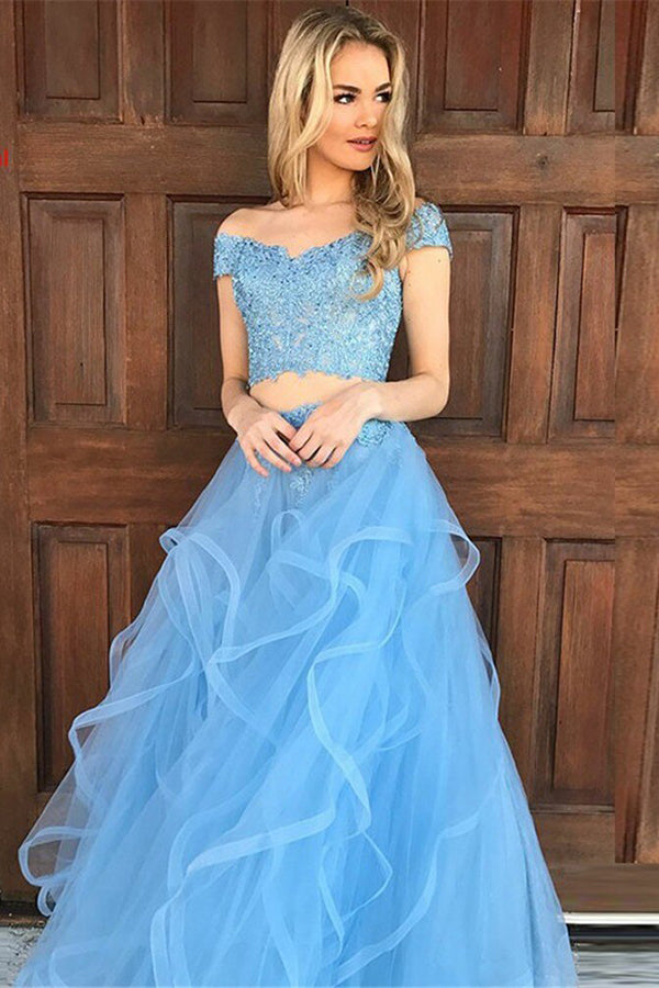 Beautiful Sky Blue Tulle Two Piece Off-the-Shoulder Prom Dresses | Sky blue prom dresses | two piece prom dresses | formal dresses | evening dresses | tulle prom dresses | prom dresses near me | prom dresses online | prom dresses for teens | prom dresses cheap | party dresses | prom gowns | Musebridals