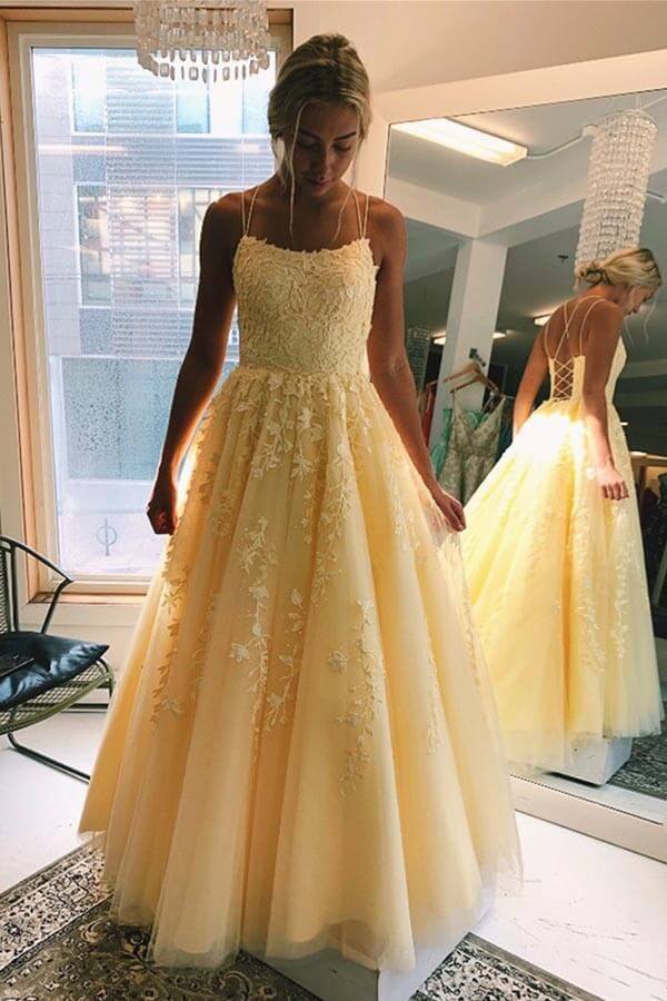 Yellow Tulle Spaghetti Straps Scoop A-Line Prom Dresses with Appliques, MP628 Yellow Tulle Spaghetti Straps Scoop A-Line Prom Dresses with Appliques, MP628