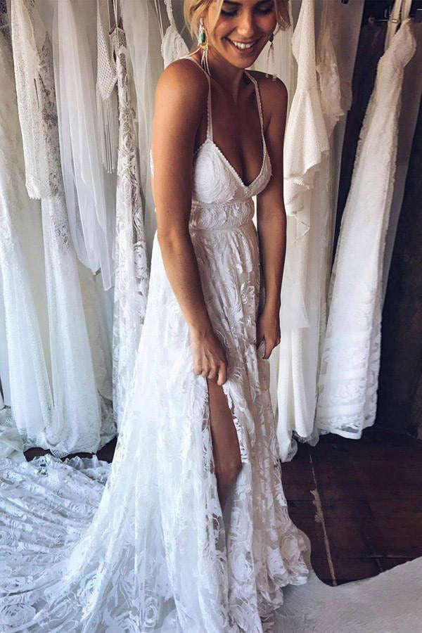 Charming White Lace Floor Length V Neck Long Wedding Dresses on Line, MW237 | lace wedding dresses | white wedding dresses | bridal gowns | buy wedding dresses online | wedding store near me | Musebridals