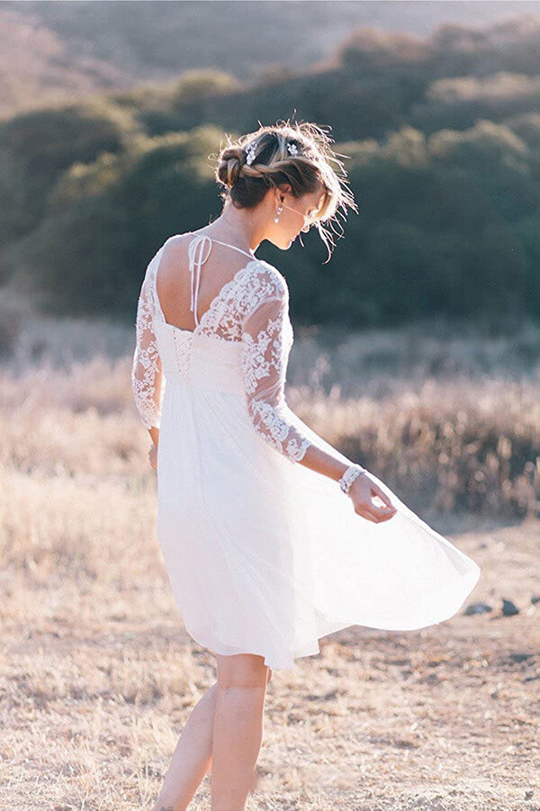 White A Line Vintage Knee Length 3/4 Sleeve Lace Wedding Dresses, MW24 – Musebridals