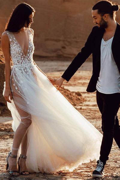 Sexy Tulle See-Through A-line V Neck Beach Wedding Dresses with Slit, MW261 Sexy Tulle See-Through A-line V Neck Beach Wedding Dresses with Slit, MW261
