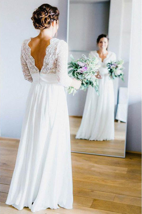 Elegant See Through 3/4 Sleeve Backless Lace and Chiffon Rustic Wedding Dress, MW262