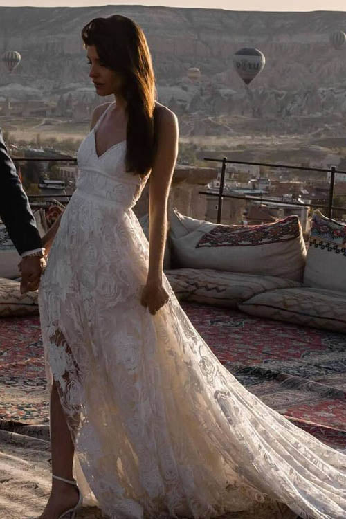 musebridals.com offer Charming Ivory Boho Lace Bohemian Long Beach Wedding Dresses Bridal Dress, MW263