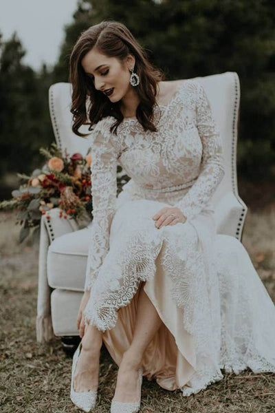 Elegant Vintage Ivory Backless Long Sleeve Rustic Lace Wedding Dresses – Musebridals