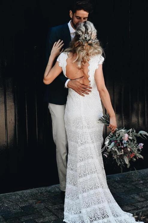 Lace Boho Mermaid Backless Cap Sleeve Bohemian Wedding Dresses ,MW265 Musebridals Lace Boho Mermaid Backless Cap Sleeve Bohemian Wedding Dresses ,MW265 Musebridals
