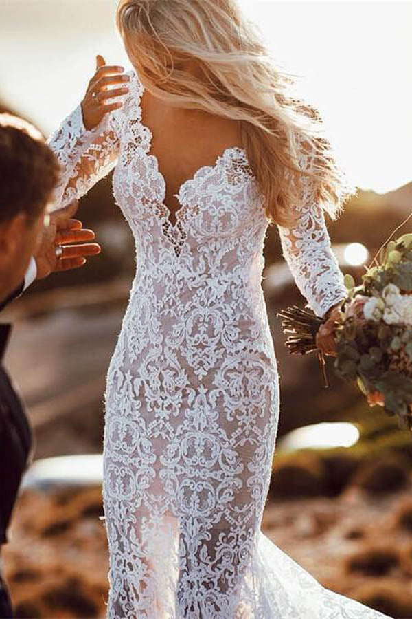 Musebridal.com offer Charming Long Sleeve See Through Lace Rustic Mermaid Wedding Dress,MW266