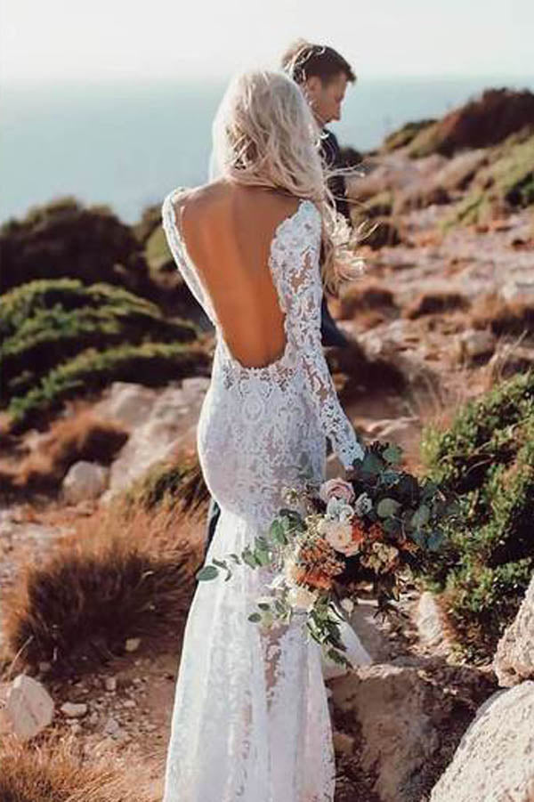 Charming Long Sleeve See Through Lace Rustic Mermaid Wedding Dress MW266 main image 1