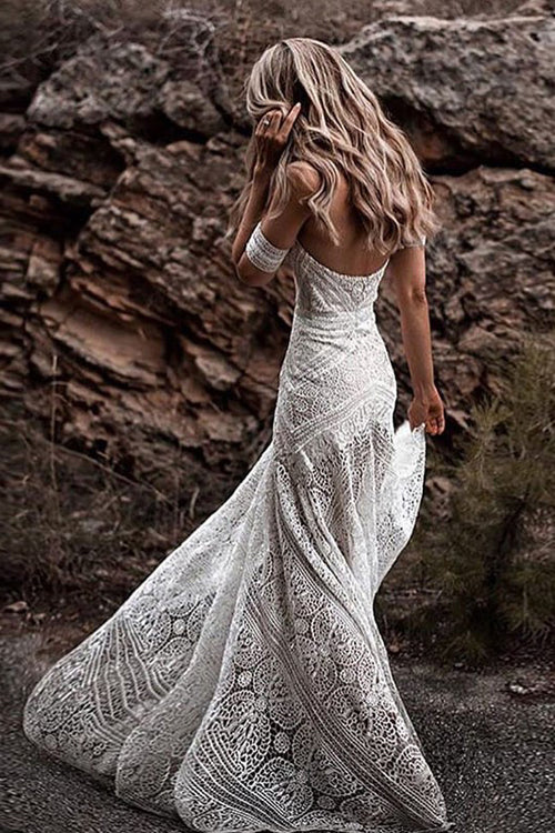 Sweetheart Neck Lace Beach Ivory Rustic Boho Wedding Dresses,MW267 ...