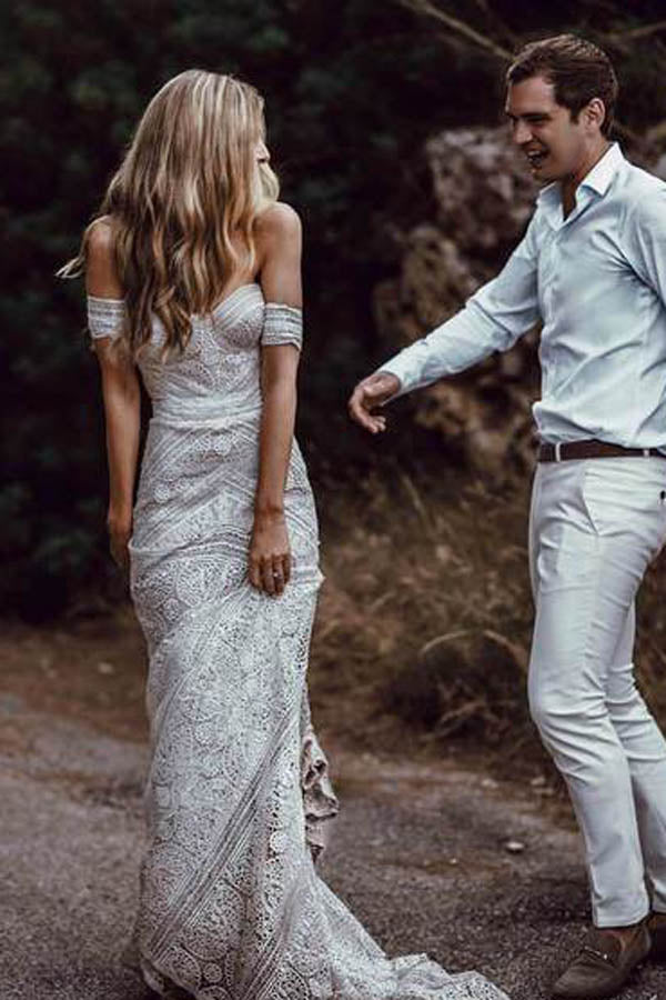 Musebridal.com offer Sweetheart Neck Lace Beach Ivory Rustic Boho Wedding Dresses,MW267