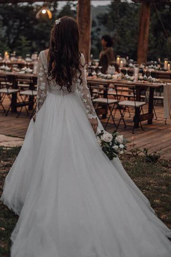 Long Sleeve Boho See Through Wedding Dresses Lace Applique,MW268 at musebridals.com