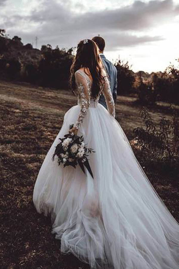Long Sleeve Boho See Through Wedding Dresses Lace Applique,MW268