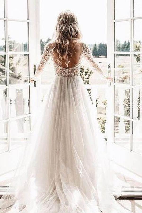 See Through Beaded Floral Lace Long Sleeve Boho Wedding Dresses,MW269 – Musebridals