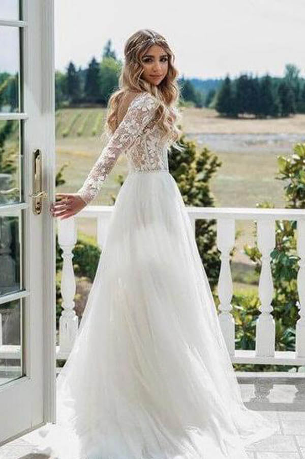 See Through Beaded Floral Lace Long Sleeve Boho Wedding Dresses,MW269 – Musebridals