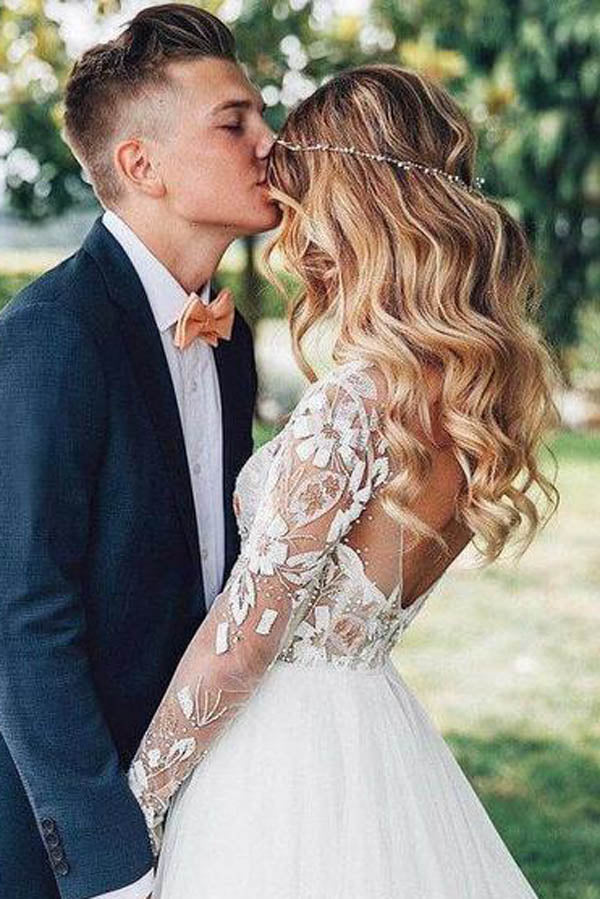 Musebridals.com offer See Through Beaded Floral Lace Long Sleeve Boho Wedding Dresses,MW269