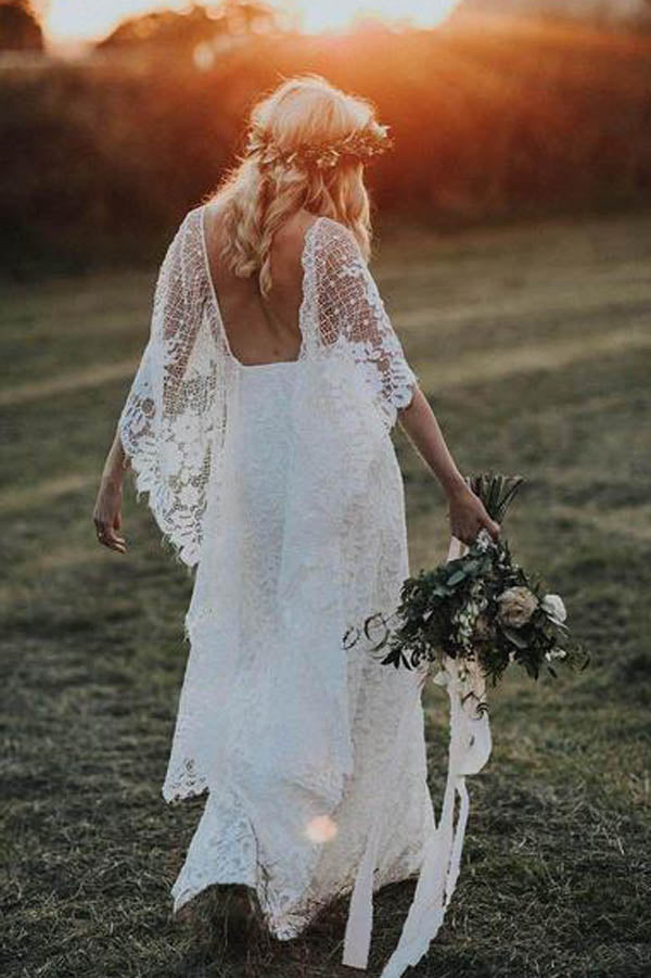 SheathBoho Batwing Sleeve Lace Rustic Ivory Wedding Dresses ,MW276