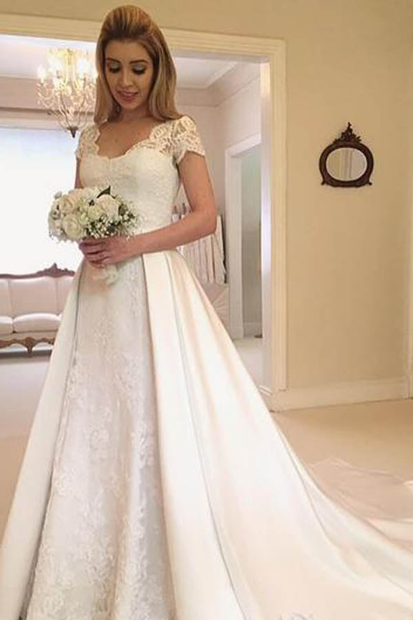Simple Cap Sleeve Lace Modest Wedding Gown,MW277