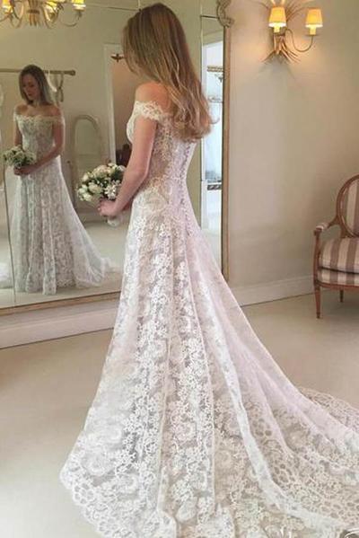 Rustic Boho Off the Shoulder Lace Wedding Dress,MW279