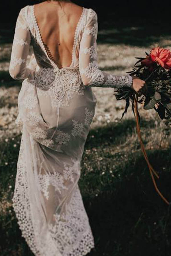 Musebridals.com offer Sheath Backless Lace Long Sleeve Ivory Applique Country Wedding Dress,MW280