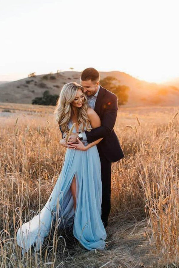 Sky Blue Rustic Thigh Split Beach Wedding Gown with Court Train,MW281 at musebridals.com