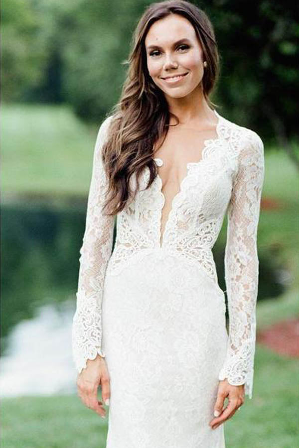 Musebridals.com offer Mermaid Ivory Backless Long Sleeve Lace Wedding Dresses ,MW283
