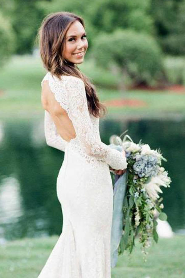 Mermaid Ivory Backless Long Sleeve Lace Wedding Dresses ,MW283 at musebridals.com