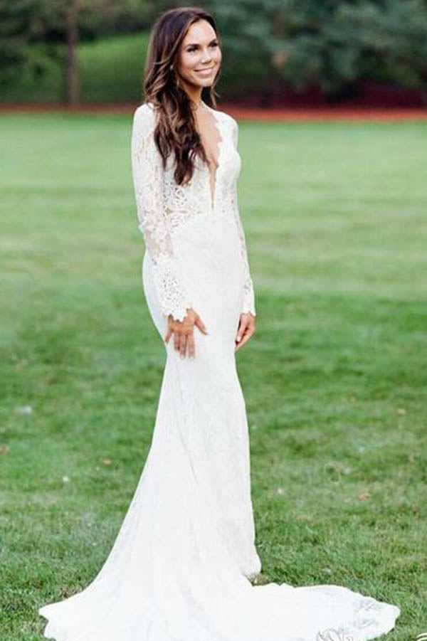 Mermaid Ivory Backless Long Sleeve Lace Wedding Dresses ,MW283